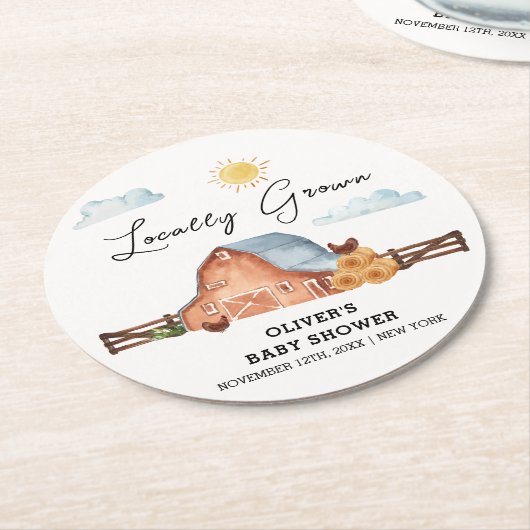 ニュートラルローカルグロウンファームバーンベビーシャワー ラウンドペーパーコースター (アングル)