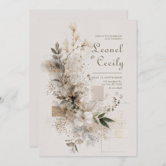 ニュートラルワイルドフラワーフォーク結婚アートズ 招待状 (正面/裏面)