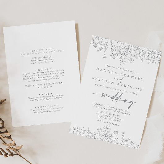 ニュートラルワイルドフラワーフロント&バック結婚ズ 招待状