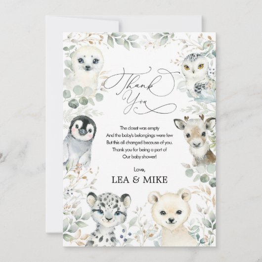 ニュートラル冬ワンダーランドかわいい動物の赤ちゃんシャワー サンキューカード (正面)
