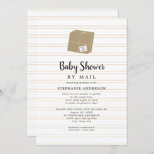 ニュートラル性金ゴールドストライプベビーシャワーby mail 招待状 (正面/裏面)