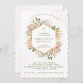 ニュートラル水色フローラと金ゴールドクロス|洗礼 招待状 (正面/裏面)