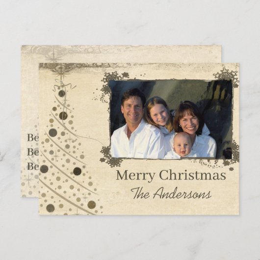 ニュートラル素朴カラークリスマスツリーファミリーフォト シーズンポストカード (正面/裏面)