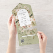 ニュートラル素朴タン&グリーンフローラアーチQRコード オールインワン招待状 (貼ってはがせる)