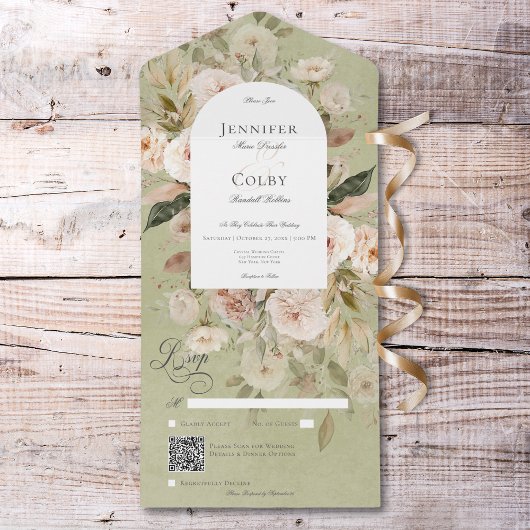ニュートラル素朴タン&グリーンフローラアーチQRコード オールインワン招待状
