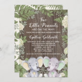 ニュートラル素朴ツイン象の緑の赤ちゃんシャワー 招待状 (正面/裏面)