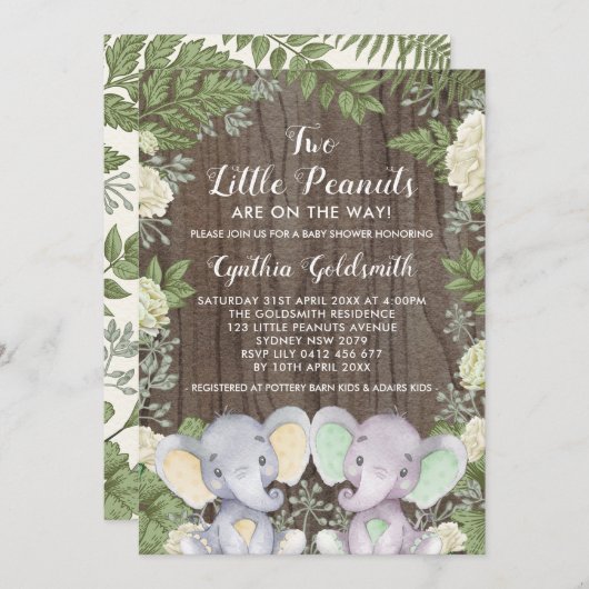 ニュートラル素朴ツイン象の緑の赤ちゃんシャワー 招待状 (正面/裏面)
