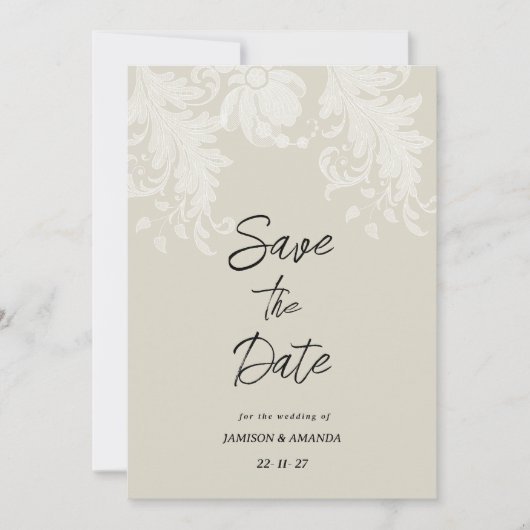 ニュートラル素朴ホワイトフローラレース日付の保存 招待状 (正面)