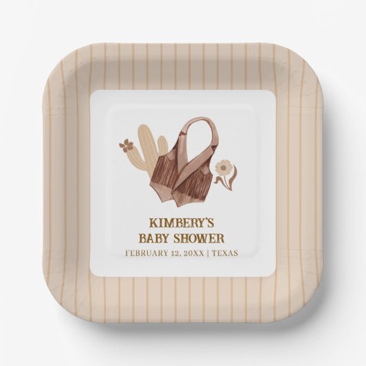 ニュートラル素朴ボホサボス女性のカーボーイベビーシャワー ペーパープレート (正面)