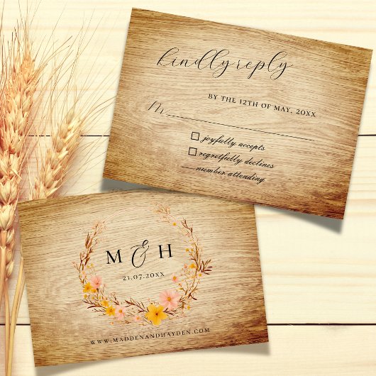 ニュートラル素朴ボホワイルドフラワーリースウッドルック 出欠カード