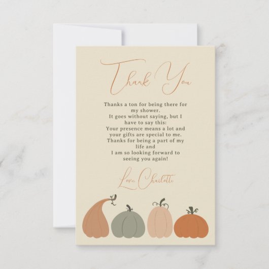 ニュートラル素朴秋カボチャありがとうベイビーシャワー サンキューカード (正面)