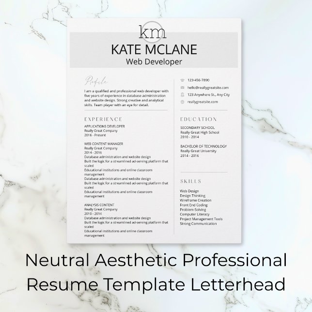 ニュートラル美的プロフェッショナルレジュームテンプレート レターヘッド (Neutral Aesthetic Professional Resume Template Letterhead)