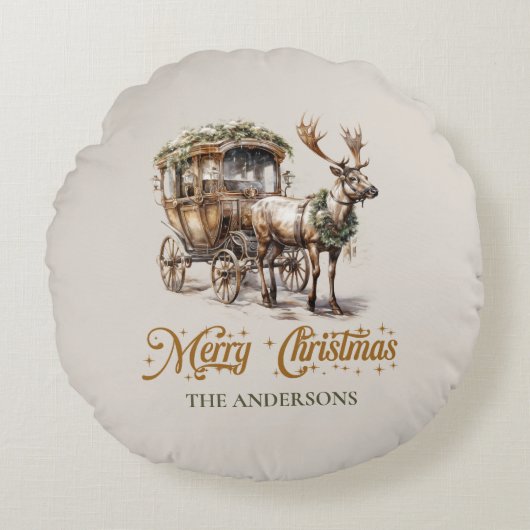 ニュートラル自然トーン緑と金ゴールドトナカイ ラウンドクッション (正面)