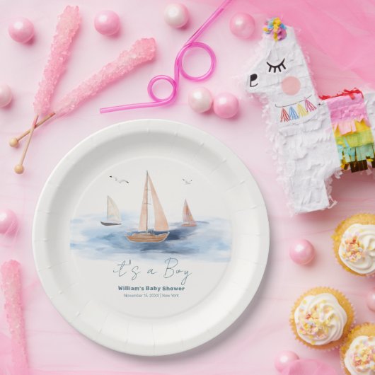 ニュートラル航海のミニマリスト帆船ベビーシャワー ペーパープレート (パーティー)