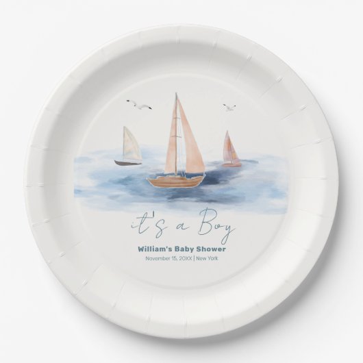 ニュートラル航海のミニマリスト帆船ベビーシャワー ペーパープレート (正面)