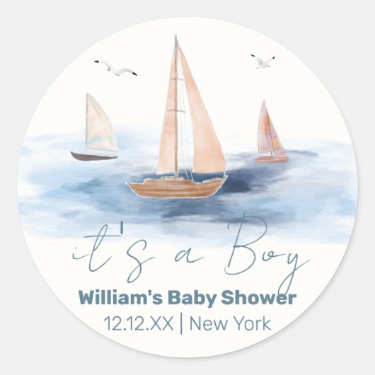 ニュートラル航海のミニマリスト帆船ベビーシャワー ラウンドシール (正面)