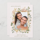 ニュートラル花オン赤面ピンク |金ゴールドフォトフレーム セーブザデート (正面/裏面)