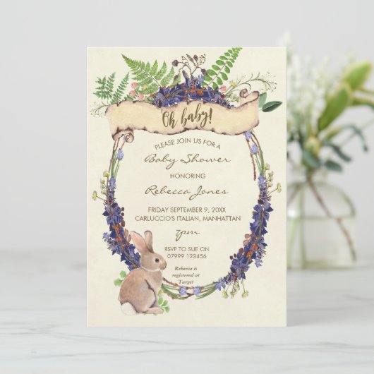 ニュートラル赤ちゃんシャワー招待森うさぎバニー 招待状 (スタンド正面)