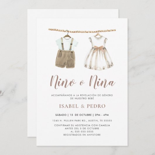ニュートラル赤ん坊の服スペインの性リビール 招待状 (正面/裏面)
