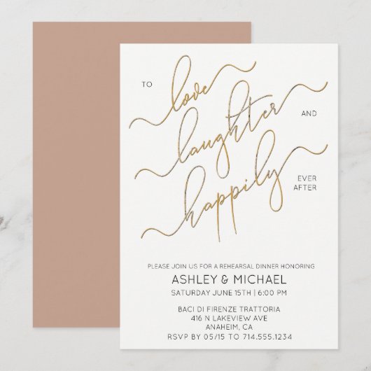 ニュートラル赤面ブラウン金ゴールドスクリプトリハーサルディナー 招待状 (正面/裏面)