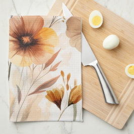 ニュートラル タン フラワーズ ウォーターカラー ブルームス エレガント キッチンタオル