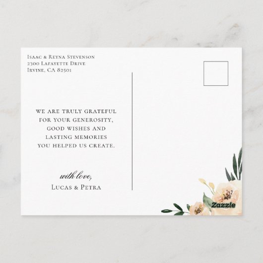 ニュートラル フローラル カリグラフィー ウェディング フォト サンクス ポストカード (裏面)