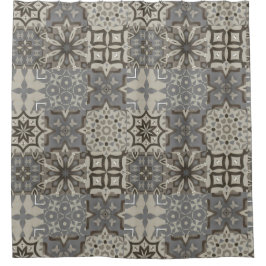 ニュートラル、ベージュ、グレー、モロッコタイル シャワーカーテン