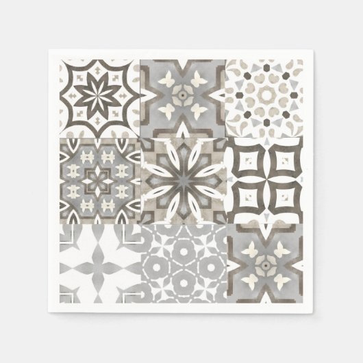 ニュートラル、ベージュ、グレー、モロッコタイル スタンダードカクテルナプキン (正面)