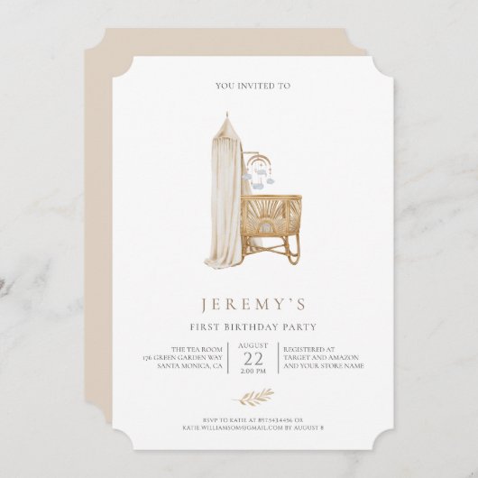 ニュートラル ボーホー ベイビー ファースト バースデー 招待状 (正面/裏面)