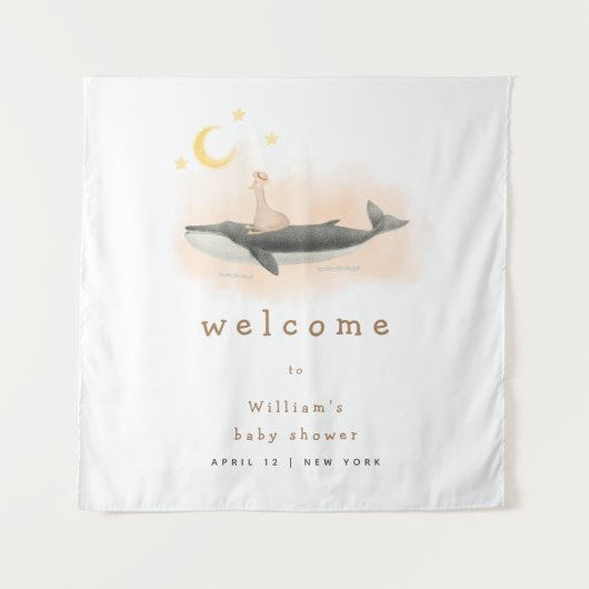 ニュートラル ヴィンテージ クジラ & アヒル ベイビー シャワー ウェルカム タペストリー (正面)