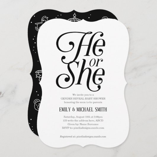ニュートラル、白黒、彼または彼女、ジェンダーの明かす 招待状 (正面/裏面)