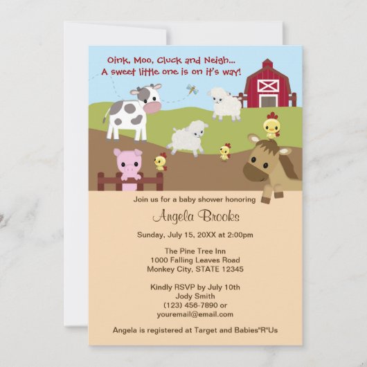 ニュートラル AAK アニマルエーカーズ ファーム アニマル ベイビーシャワー 招待状 (正面)