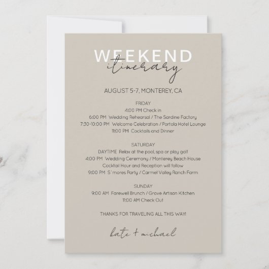 ニュートラ結婚ルの週末の旅程カード 招待状 (正面)