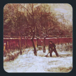 ニューネンの牧師館の庭（Vincent van Gogh） スクエアシール<br><div class="desc">雪のニューネンの牧師館の庭（Vincent van Gogh） は、ヴィンテージの美術ポスト印象主義の日常の生活の肖像画で、冬に雪をかぶった男が雪をシャベルで除雪している様子を描いている。木々は葉を失っている。

画家について:
ヴィンセント・ウィレム・ファン・ゴッホは、荒々しい美しさ、感情的な誠実さ、鮮やかな色彩で最もよく知られるポスト印象主義の画家であった。</div>