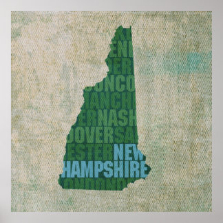 ニューハンプシャー州アウトラインWord Map on Canvas ポスター