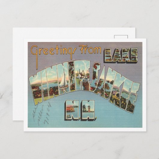 ニューハンプシャー州ウィンニペサウキー湖からのご挨拶 ポストカード (正面/裏面)