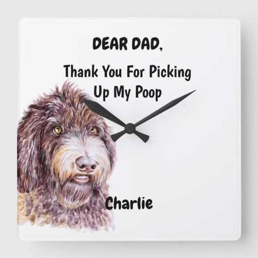 ニューフおもしろいィープーパパ水彩イヌアート スクエア壁時計 (正面)