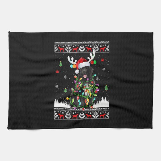 ニューファンドおもしろいランド犬クリスマスライトクリスマス キッチンタオル (横)