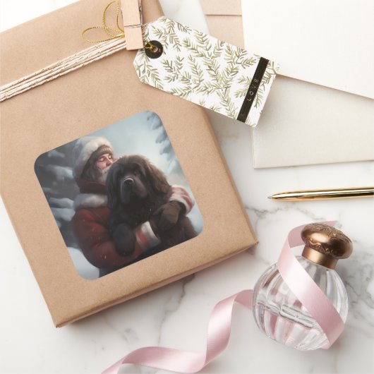 ニューファンドランドとサンタクロースフェスティバルクリスマス スクエアシール (ギフト)