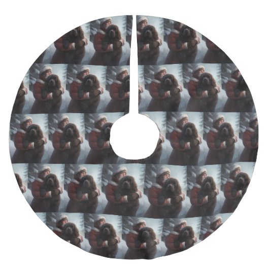 ニューファンドランドとサンタクロースフェスティバルクリスマス ブラッシュドポリエステルツリースカート (正面)