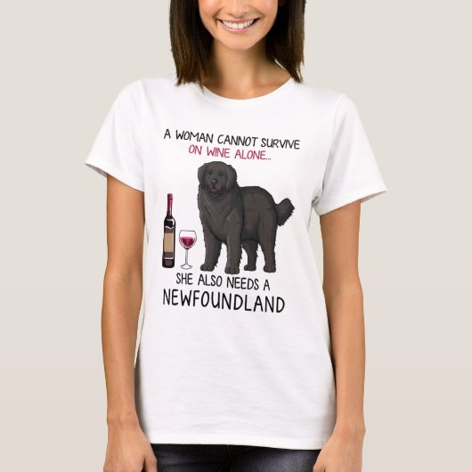 ニューファンドランドとワインおもしろい犬 Tシャツ (正面)
