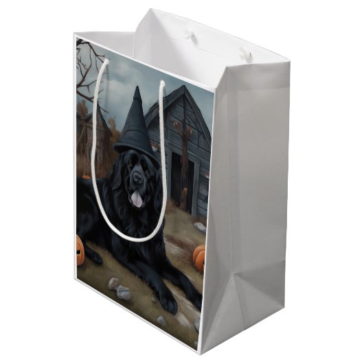 ニューファンドランドのカボチャのハロウィーン怖い ミディアムペーパーバッグ (裏面アングル)