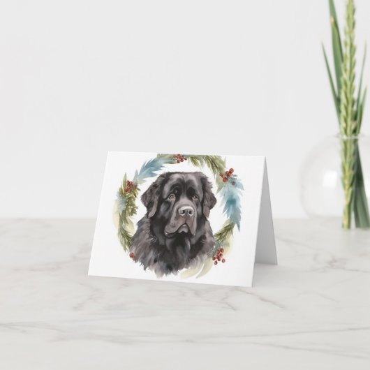 ニューファンドランドのクリスマスリース  お祭り好きな犬 カード (正面)