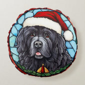 ニューファンドランドのステンドグラス・クリスマス ラウンドクッション (正面)