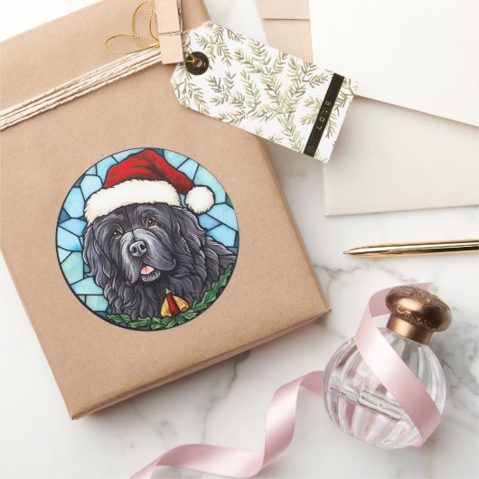 ニューファンドランドのステンドグラス・クリスマス ラウンドシール (ギフト)