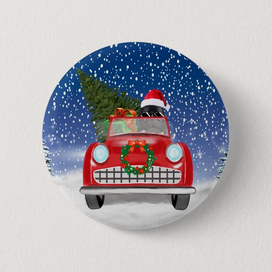 ニューファンドランドの犬が雪の中で車を運転する クリスマス 缶バッジ (正面)