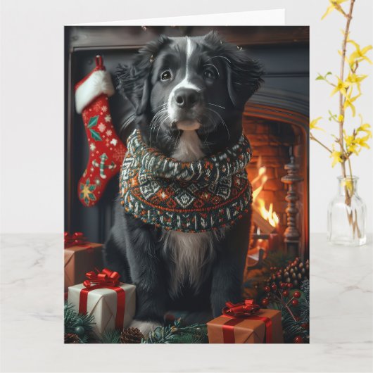 ニューファンドランドの犬とクリスマスの贈り物がある暖炉 カード (黄色い花)