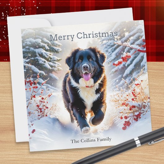 ニューファンドランドの犬のスノーシーンの水彩クリスマス シーズンカード