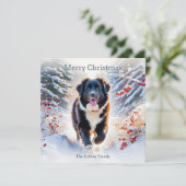 ニューファンドランドの犬のスノーシーンの水彩クリスマス シーズンカード (スタンド正面)