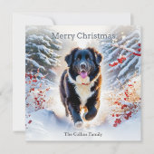 ニューファンドランドの犬のスノーシーンの水彩クリスマス シーズンカード (正面)